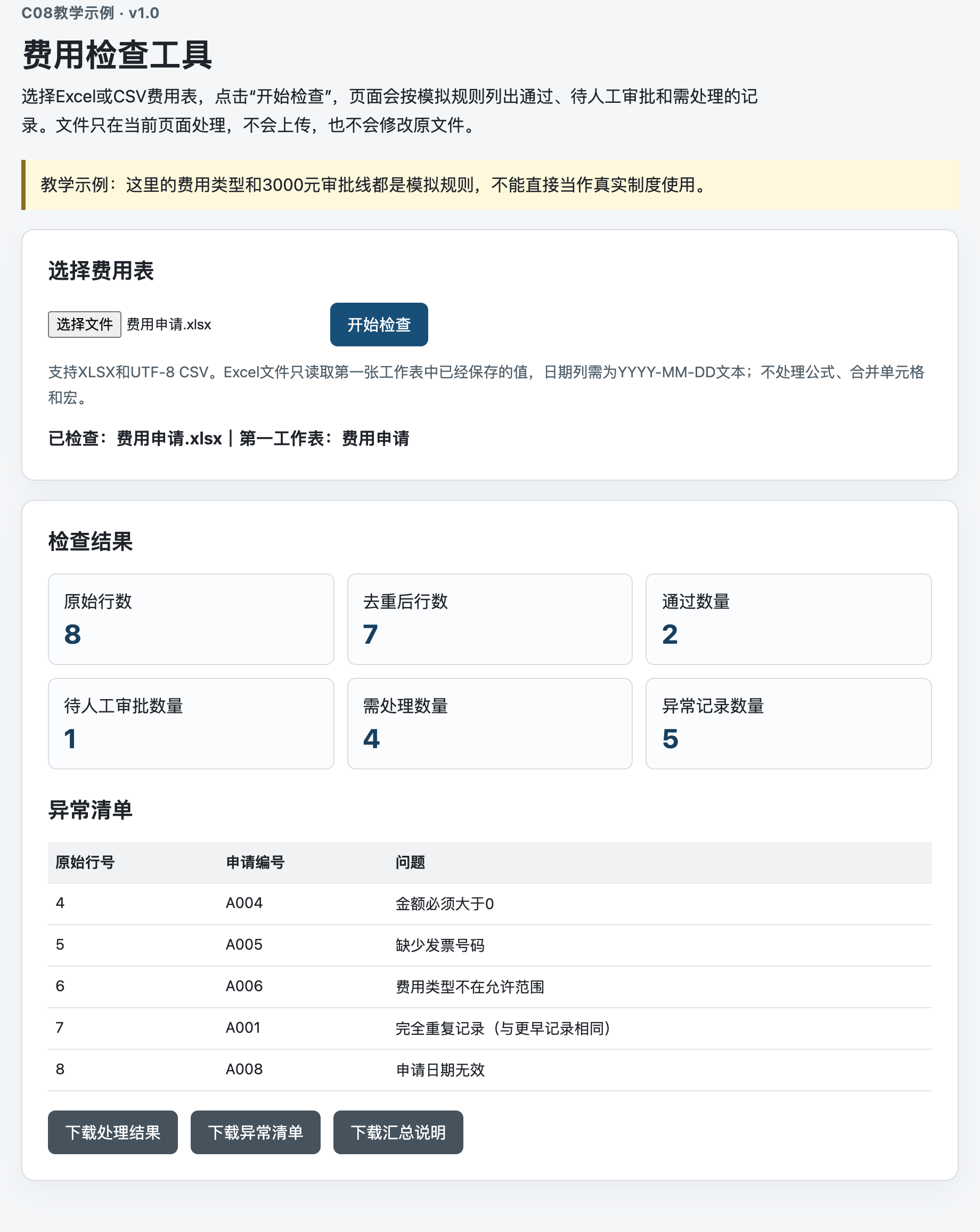 离线费用检查工具页面,读取教学示例Excel后展示各类数量、异常清单和处理结果下载入口。