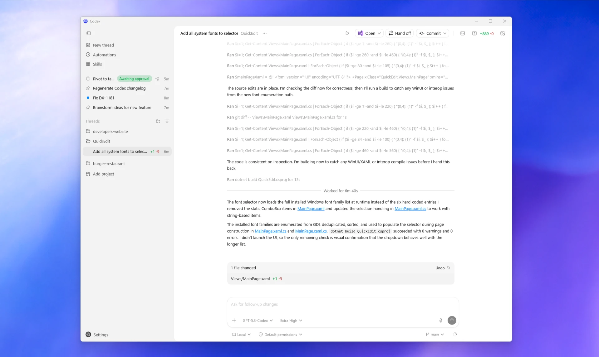 OpenAI官方文档中的Windows版ChatGPT桌面应用Codex界面。左侧是导航和任务列表，中间是软件开发任务，右侧是代码差异。