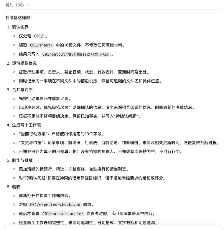 Codex准备读取16份教学材料、整理信息、生成两个工作表并验收的任务计划。